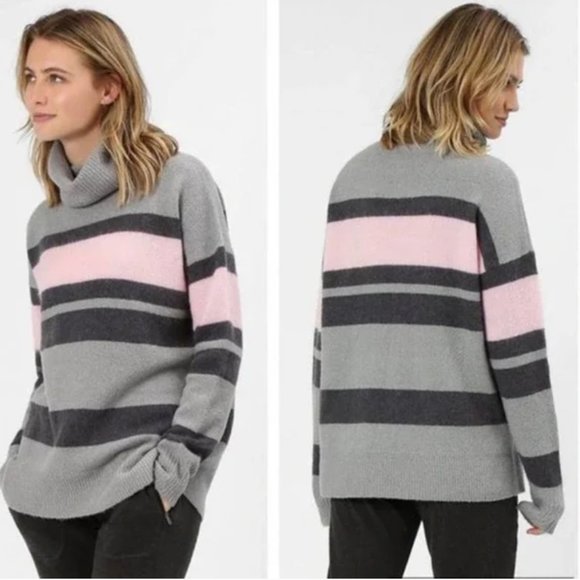 Sweaty Betty Bloomsbury Knitted Stripe Turtleneck, gray and Pink. Size Small - Picture 1 of 9